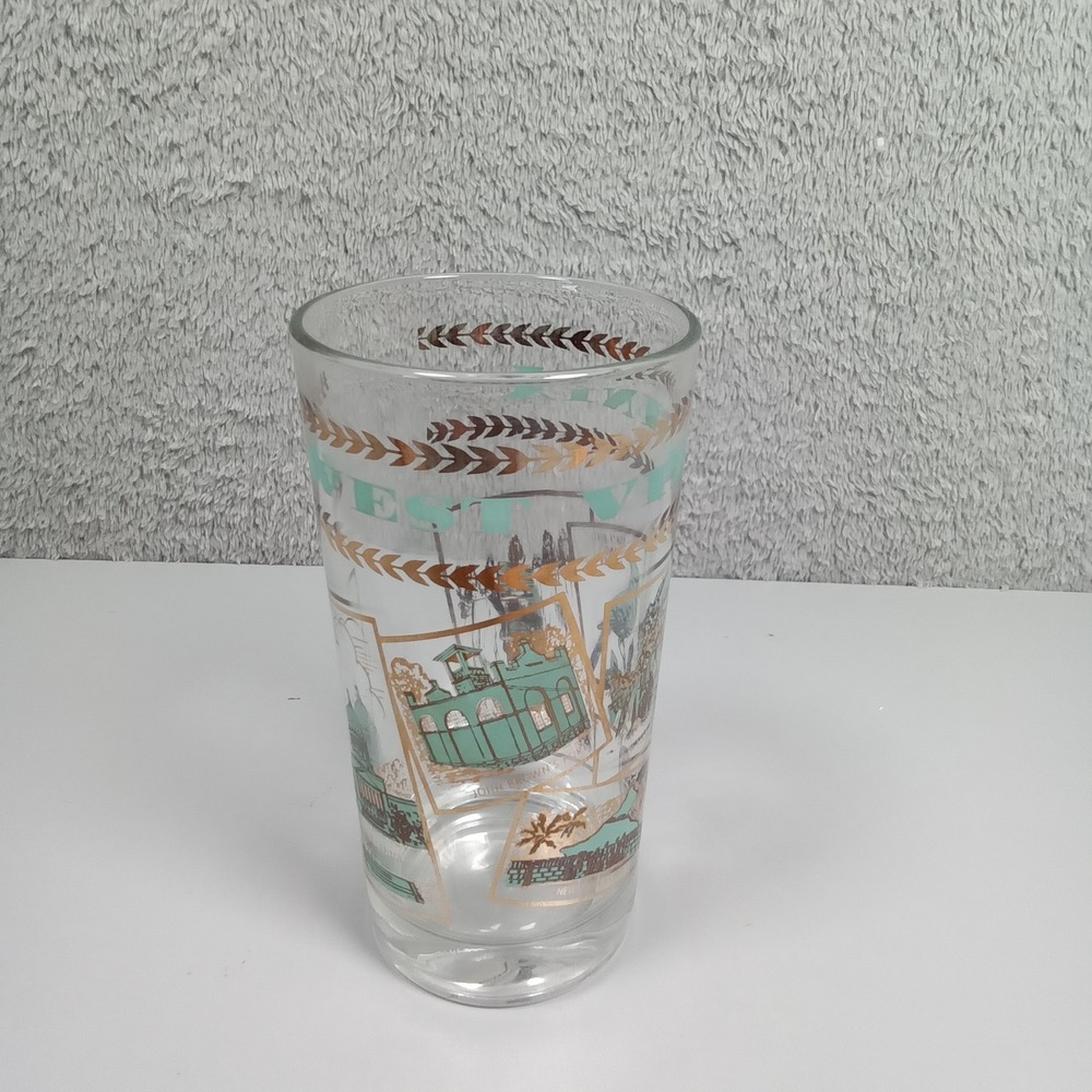 Vintage West Virginia Souvenir Glass Gold Turquoise MCM State Capitol Tumbler